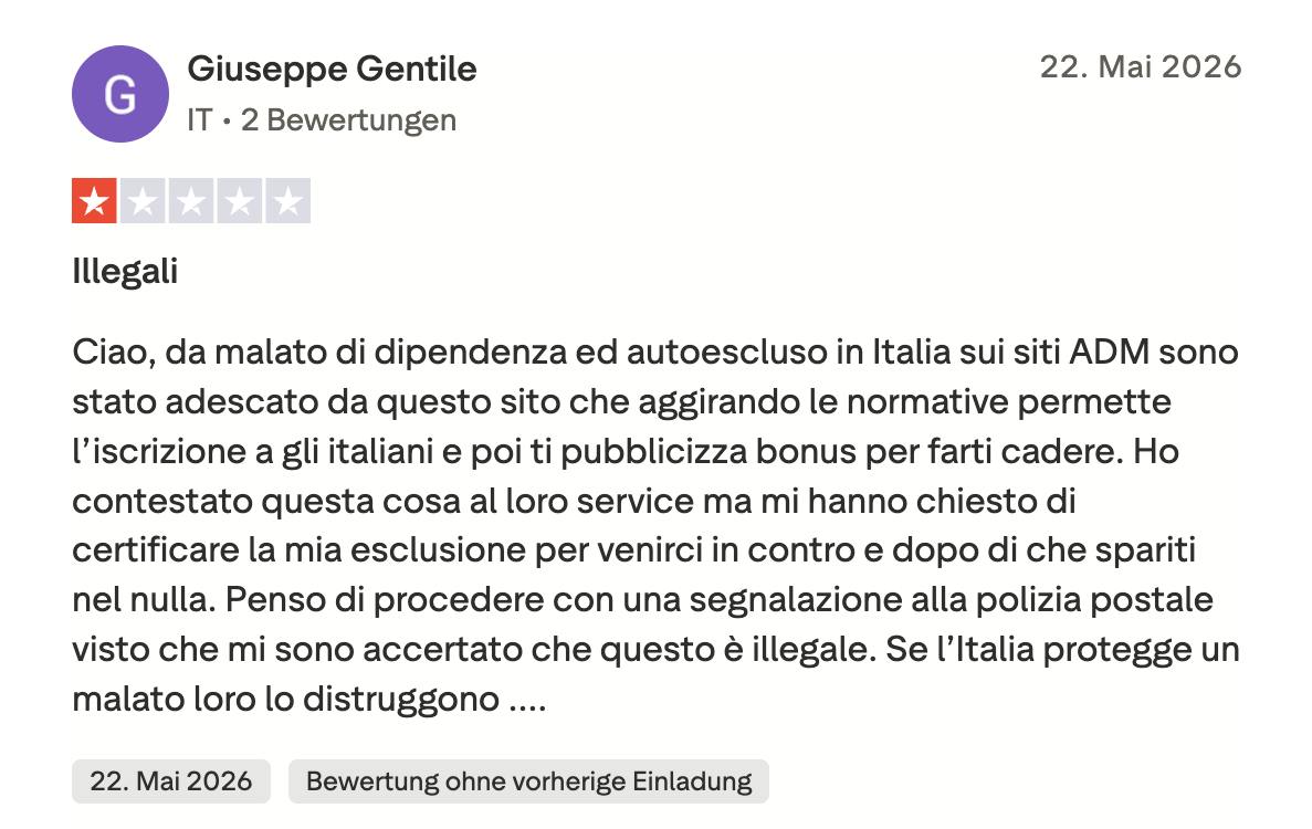 Piperspin Trustpilot Kritik Registrierung gesperrter Spieler Italien 2026