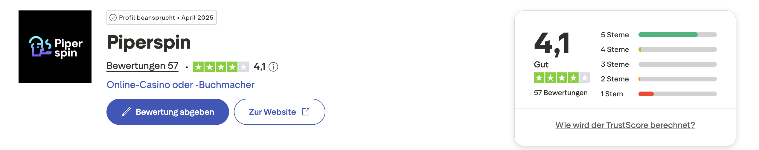 Piperspin Trustpilot Bewertungen Gesamtübersicht 57 Rezensionen